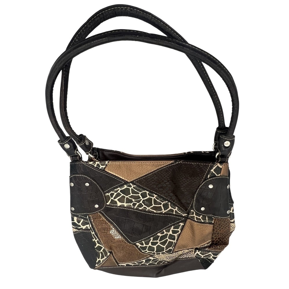 Chic Patchwork Faux Leather Shoulder Bag Animal Print Giraffe Snake Croc Brown